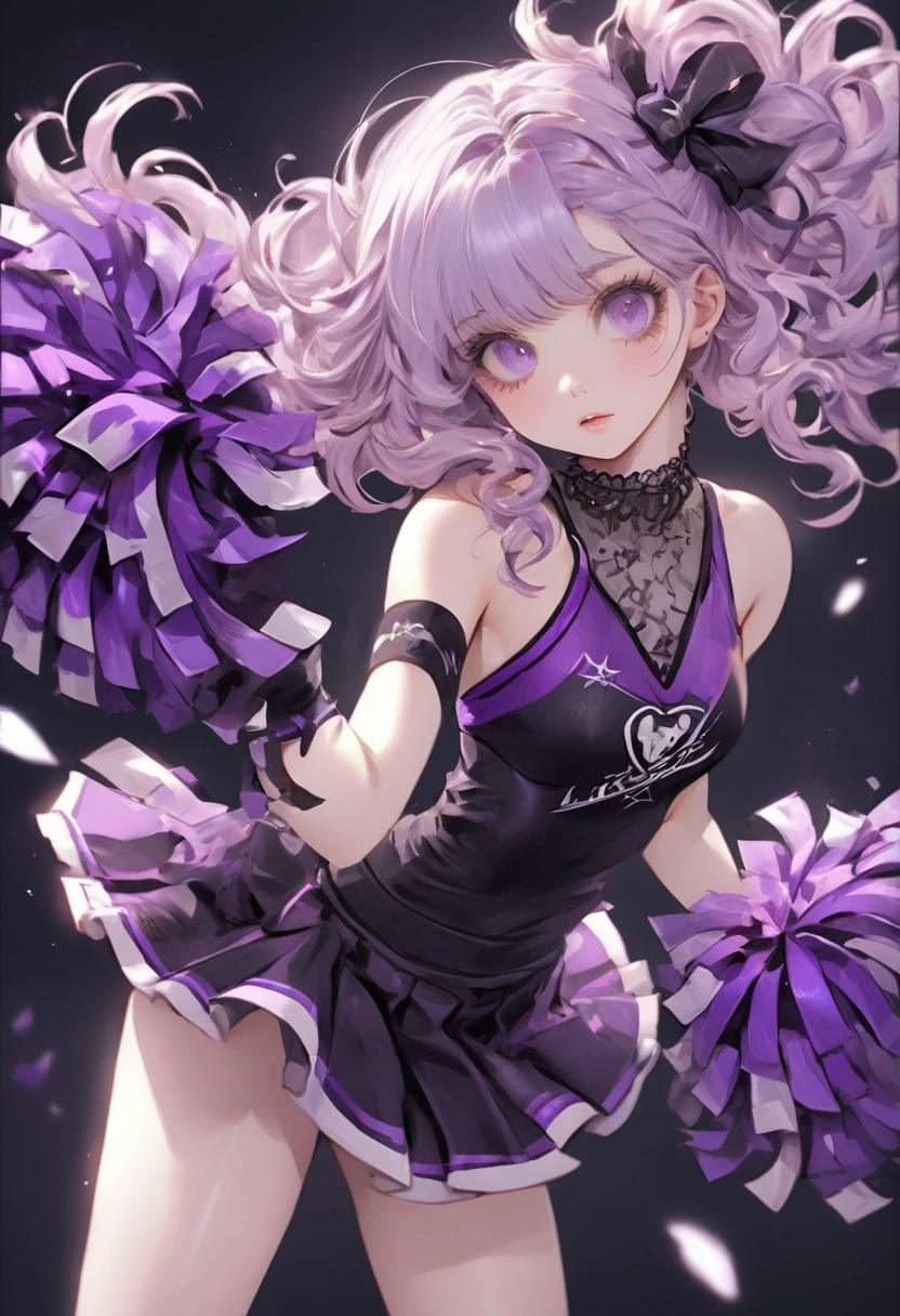 Elegant 27 year old woman,, white wavy hair, small and fleshy lips, simple makeup, confident look, dressed as cheerleaders, black skirt and dark purple top