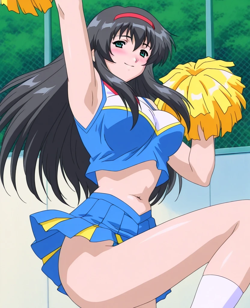 1990s,(style), (cel anime:1.1), official art,extremely detailed CG unity 8k wallpaper, perfect lighting,Colorful, Bright_Front_face_Lighting, (masterpiece:1.0),(best_quality:1.0), ultra high res,4K,ultra-detailed, photography, 8K, HDR, highres, absurdres:1.2, Kodak portra 400, film grain, blurry background, bokeh:1.2, lens flare, (vibrant_color:1.2),(from very below,ceiling:1.2),perfect anatomy,upskirt:1.3,brown hair,long hair,yumi sayaka, (cute cheerleader uniform,blue micro miniskirt:1.3) (knee boots:1.1), choker, white gloves, choker, elbow gloves, jewelry, earrings, cowboy shot, 1990s,(style), indoors, (shiny skin), medium breasts,1990s,(style),(frown,shame, embarrassed,furrowed brow,opened eyes tightly,crying,closed mouth,full-face blush,:1.1) ,arms up,shibari,(shibari over clothes:1.3),bdsm,(bound wrists together:1.1),panties,cameltoe, erotic,(leg up,stand split leg, i-balanced,toe up, show white-high-cut-panty from micro-miniskirt:1.4),panties focus,pectoral cleavage,gipple,standing,