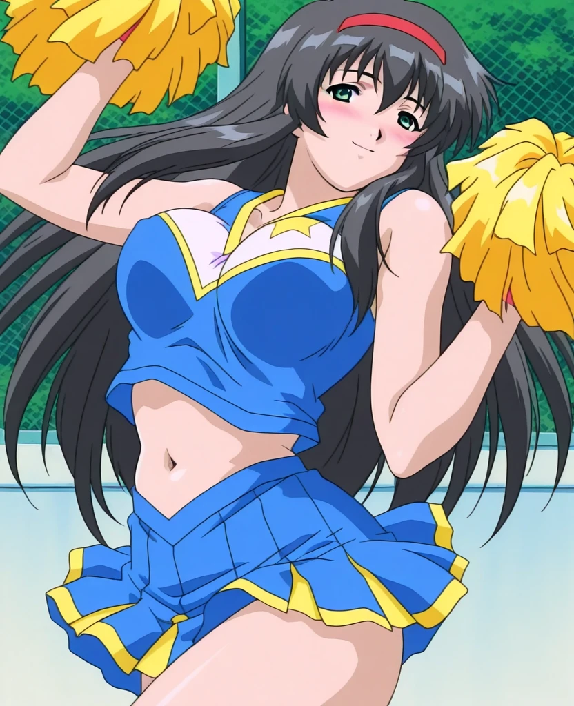 LynnMinmay, 1girl, solo, black hair, cowboy shot, ultra-detailed, best quality, masterpiece, illustration, game cg, (cheerleader), midriff, collarbone