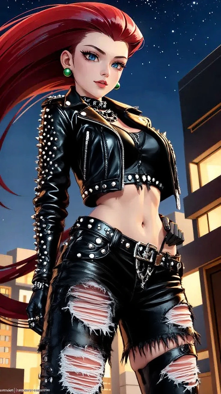 cyber punk a girl A futuristic world Beautiful Girl Leather jacket Leather pants massive underboob smile on face beste Quality A masterpie ultra-highres The whole body is visible