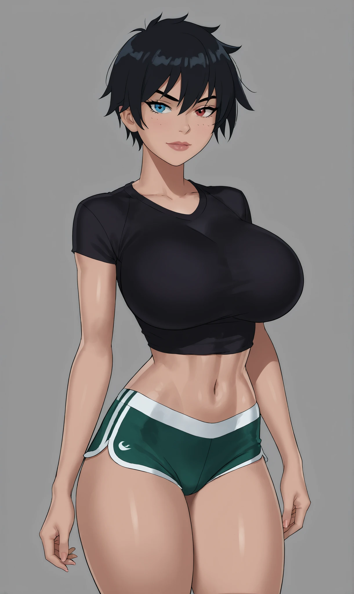 Close-up of a woman with short brown hair, blue eyed woman, bob cut, classic women, big breasts, had very large breasts, Made at Anime Painter Studio, Tits, clothing:black sports bra, women romance, anime style, muscular woman, feminine and muscular, tall, high school girl, adult sex appeal, wore a tight skirt, Are standing, sports bra with an black, anime dick!!!!, bare shoulders, bare arms, 