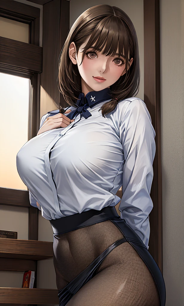 masterpiece, best quality, ultra detailed, beauty, perfect anatomy, This beautiful teacher、He was wearing a simple and elegant white shirt and short skirt。, Showing off her tall figure and graceful curves. black hair, Her long hair was a shawl, A little curled, It gave off a faint fragrance. Her features are delicate, Her eyes are bright and lively, Her eyebrows are thin and natural, Her lips are rosy and sexy, Her face is round and smooth. Raising her skirt, seductive, spicy, flirty smile.
