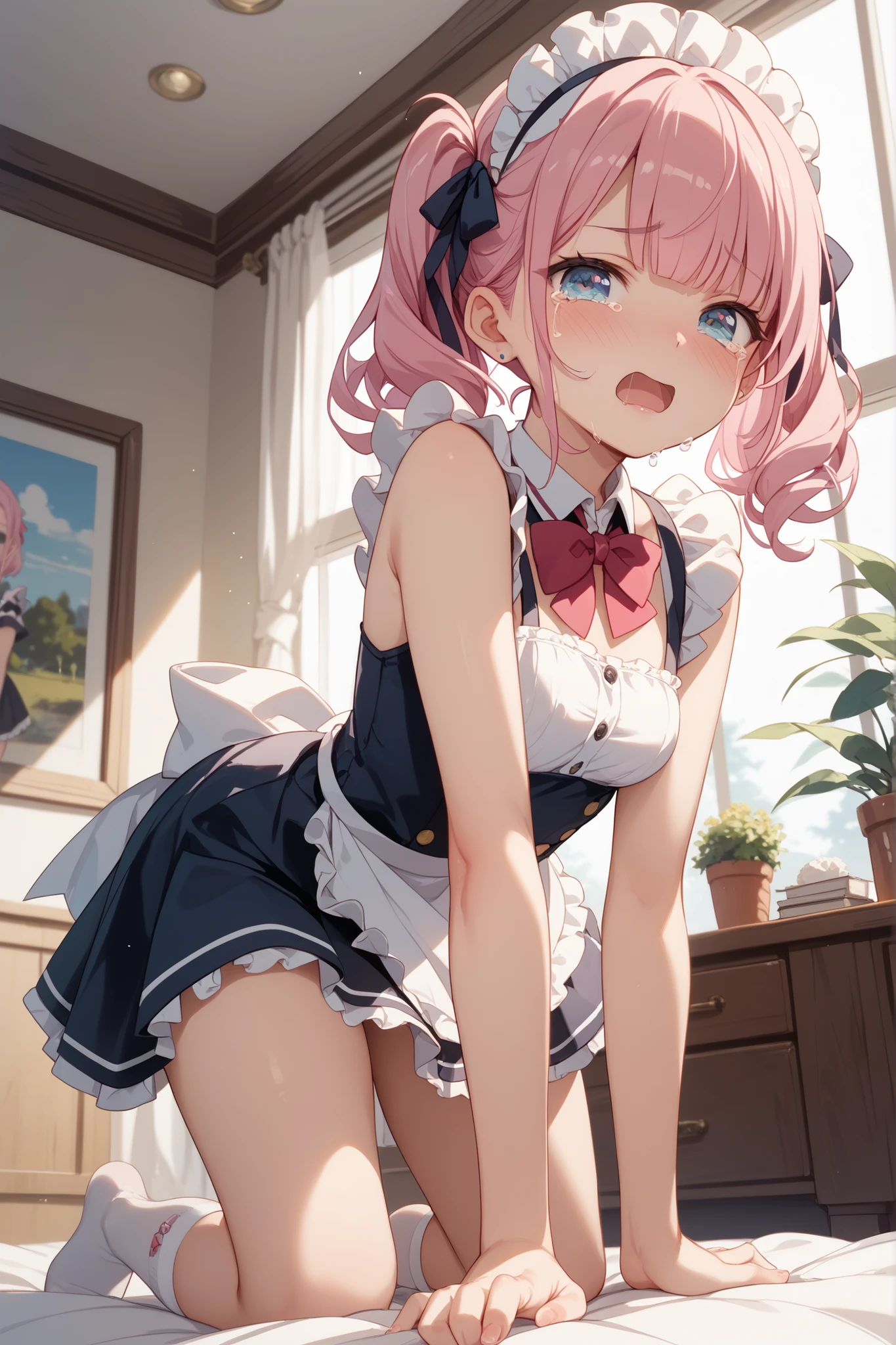 NSFW,Hololive,Minato Aqua,Twin tails,Maid clothes,High-quality lingerie,Embarrassed,blush,Mansion,Night office,(Perfect hands),(Perfect Anatomy),(masterpiece),(highest quality),One man,being molested by a man,A man is touching my buttocks,I feel pleasure,Sexual relief