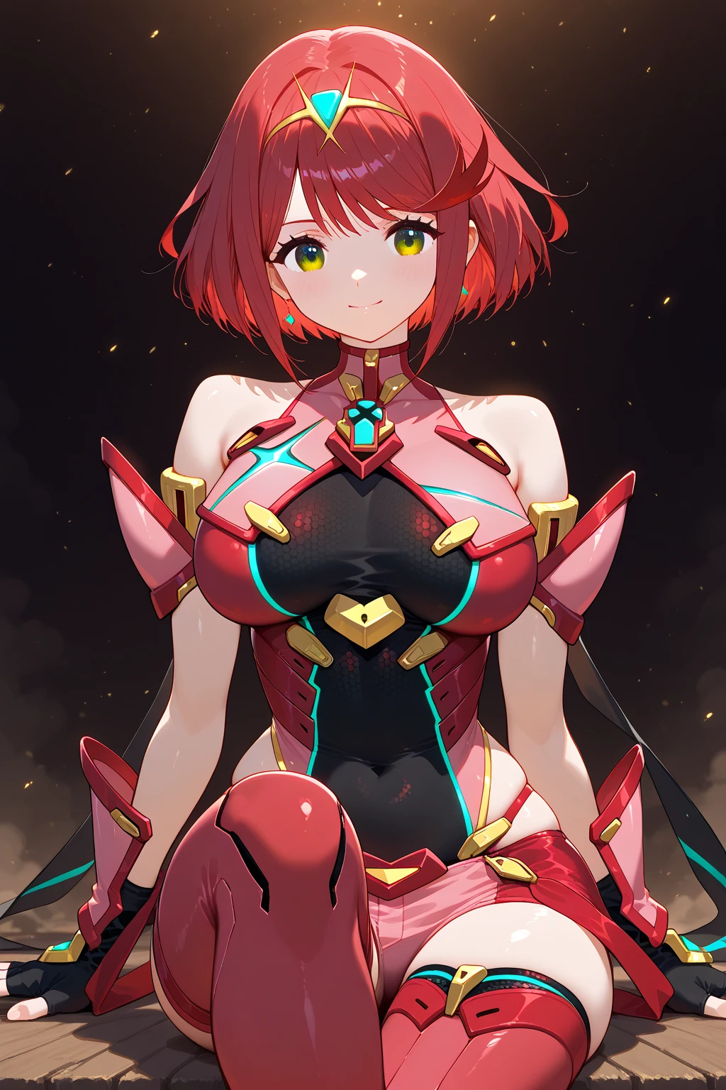pyra \(xenoblade\), teen_1girl, loli, bangs, black gloves, breasts, red eyes, shout, earrings, eyelashes, fingerless gloves, floating hair, , gem, gloves, hair ornament, headpiece, jewelry, gigantic_breasts, leaning back, swimsuit, neon trim, official art, pose, red hair, saitou masatsugu, short hair, sidelocks, skin tight, solo, swept bangs, thighhighs, tiara, fantasy_town_background, underbust, xenoblade chronicles \(series\), (xenoblade chronicles 2), (spread_legs:1.1), fire_effect,dynamic_pose,fighting,light_smile, (plump:1.1), big_ass,huge_sword, hold_large_sword_hilt, covered_nipples, covered_pussy, fists,ponytail,beautiful_fingers,(solo:1.1), bare_shoulder,(shoulder_naked:1.2), nipple_jewel,back, back_view, focus_ass,ass, (very_short＿shorts:1.3),(lise_leg:1.4)