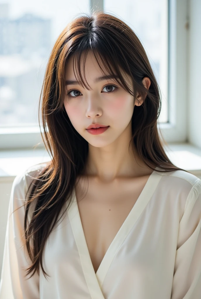 8k, highest quality, masterpiece, Realistic, Realistic, Very detailed, Natural light, Highly detailed face and skin, Fine grain, Highly detailed face and skinの中間ショット, Beautiful woman staring at camera, Sexy pose, Beautiful Face, Realistic Face, Detailed face, Beautiful hairstyle, Realistic eyes, fine grain, Realistic Skin, Detailed skin, Beautiful Skin, charm, Ultra-realistic, Sexy Cardigan, kind, Brown Hair, Cute Japanese Girl, whole body