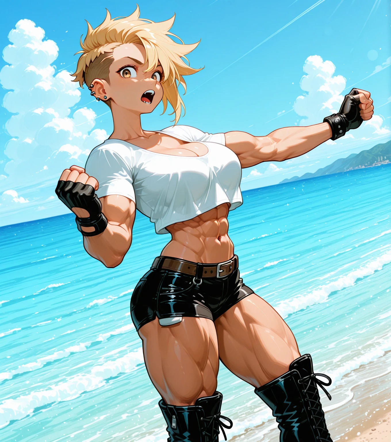 A 13-year-old prodigy, characterized by her muscular physique that exceeds the CBUM size standard, graces the scene. This youthful powerhouse flaunts her athletic stature in minimalist clothing, revealing a well-toned abdomen andDefined muscles. The image offers a detailed close-up of her sculpted torso, radiating a powerful sense of strength and determination. The image is masterfully crafted with the highest quality textures, featuring hyper-realistic skin details and ultra-realistic muscle definition. The lighting is expertly employed, highlighting her chiseled physique, creating a captivating visual spectacle.