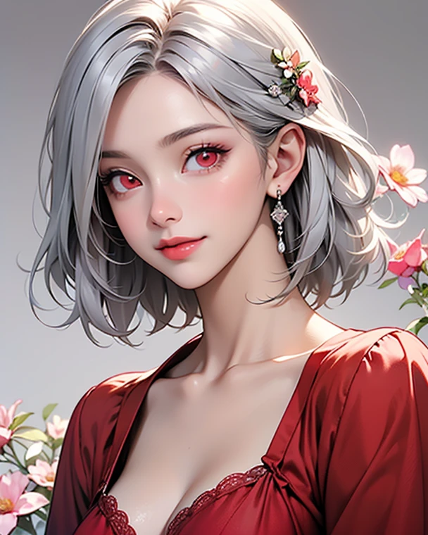 realistic, 1girl, white hair, purple eyes, glowing eyes, bare shoulder, ((red colour crop top)), skirt, parted lips, blush, night, flowers, sun, sunlight, looking at viewer, detailed face, detailed eyes, detailed texture, upper body shot