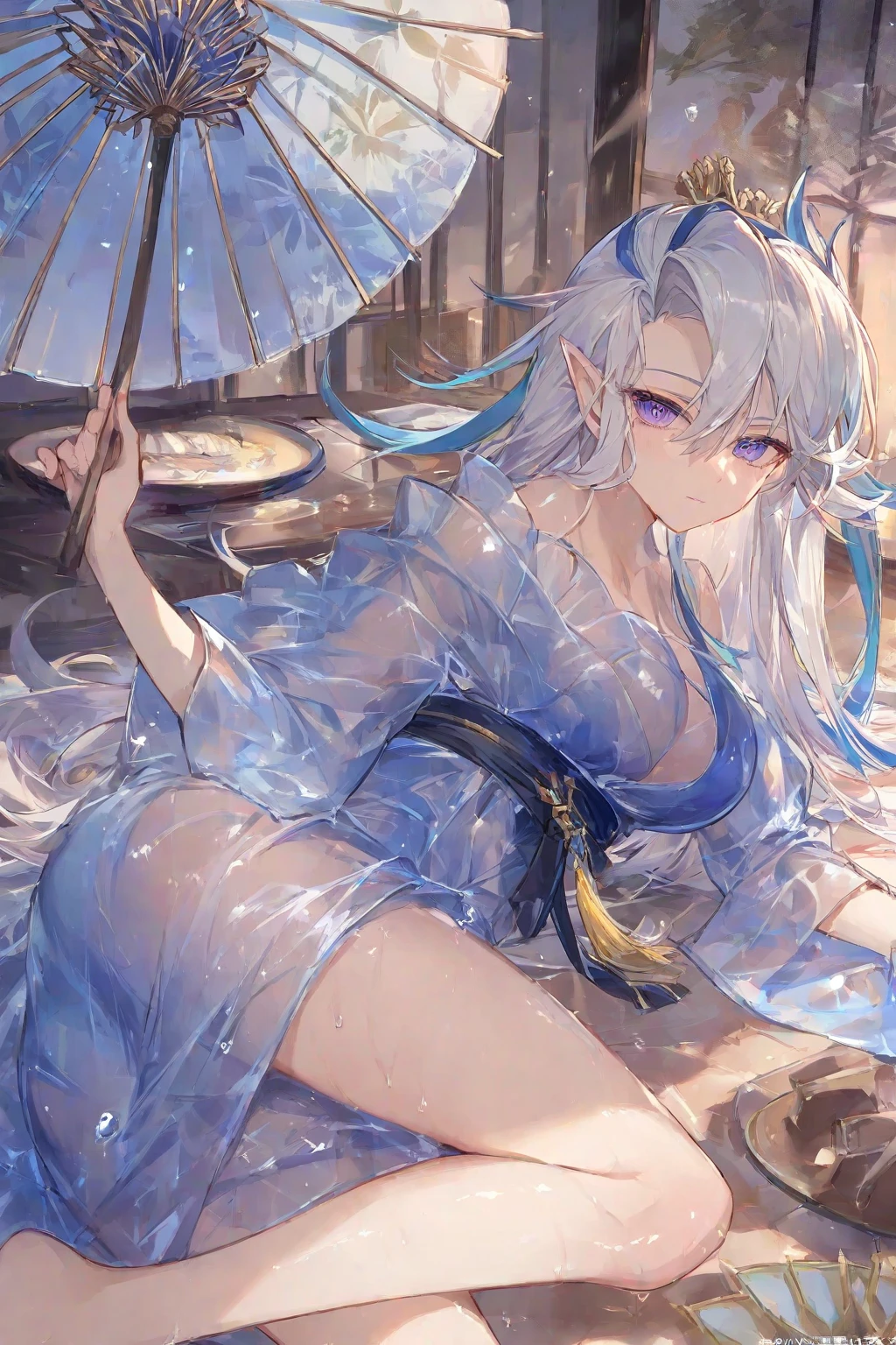 ((masterpiece:1.4, best quality)(Beautiful eyes with fine and meticulous details: 1.2), extremaly detailed cg,Gray hair and turquoise eyes,tide,darkly,nigth,paper lanterns ,Kizi,reef,Close-up,Lateral face,White panty hose