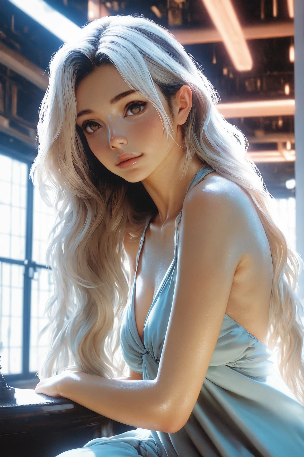 1girl, alone, solitary, high quality, (best quality,4k,8k,highres,masterpiece:1.2),ultra-detailed,(realistic,photorealistic,photo-realistic:1.37),gorgeous hair,white hair, white long straight hair with bangs,puffy eyes,mole on the cheek,plump lips,jewelry,(high detailed skin:1.4),(rim lighting:1.3),(lit:1.3),(sunny day:1.3),portrait,beautiful lips,waist-length hair,seductive gaze,moles,sundress,pastel dress,short dress,close up,really long hair,choker necklace,small tattoos,tattooed,blue eyes,blue contacts