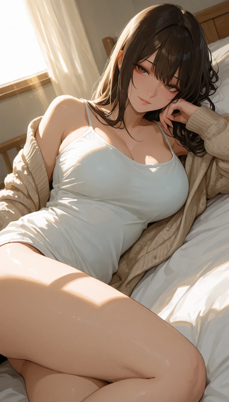 ((Extreme exposure))(High-definition image quality)極Realistic skin texture、High definition face(brown、Very long straight hair、Hair behind the ear、Beautiful moist brown hair、Smooth Hair)((Bright smile、Embarrassed expression))、Gaze(sexyな25歳の女の子、Idol Makeup、Eyeliner)(Fair skin)(Sparkling eyes)Smooth Skin、Realistic skin texture ((White knit off-the-shoulder、Short length、Cleavage、Super big 、Breasts exposed)) ((Extremely short denim miniskirt、damage、Super tight、small、Ultra low rise))))A well-proportioned and perfect body、Beautiful armpits、On the position of the chest、Round big breasts、Beautiful valley、Ultra-thin waist、Waistline、Long legs、Glitter High Heels((((On the hotel bed、sleep、Lying down、Spread your legs))))(((((sexy、Medium full shot from directly above))))))