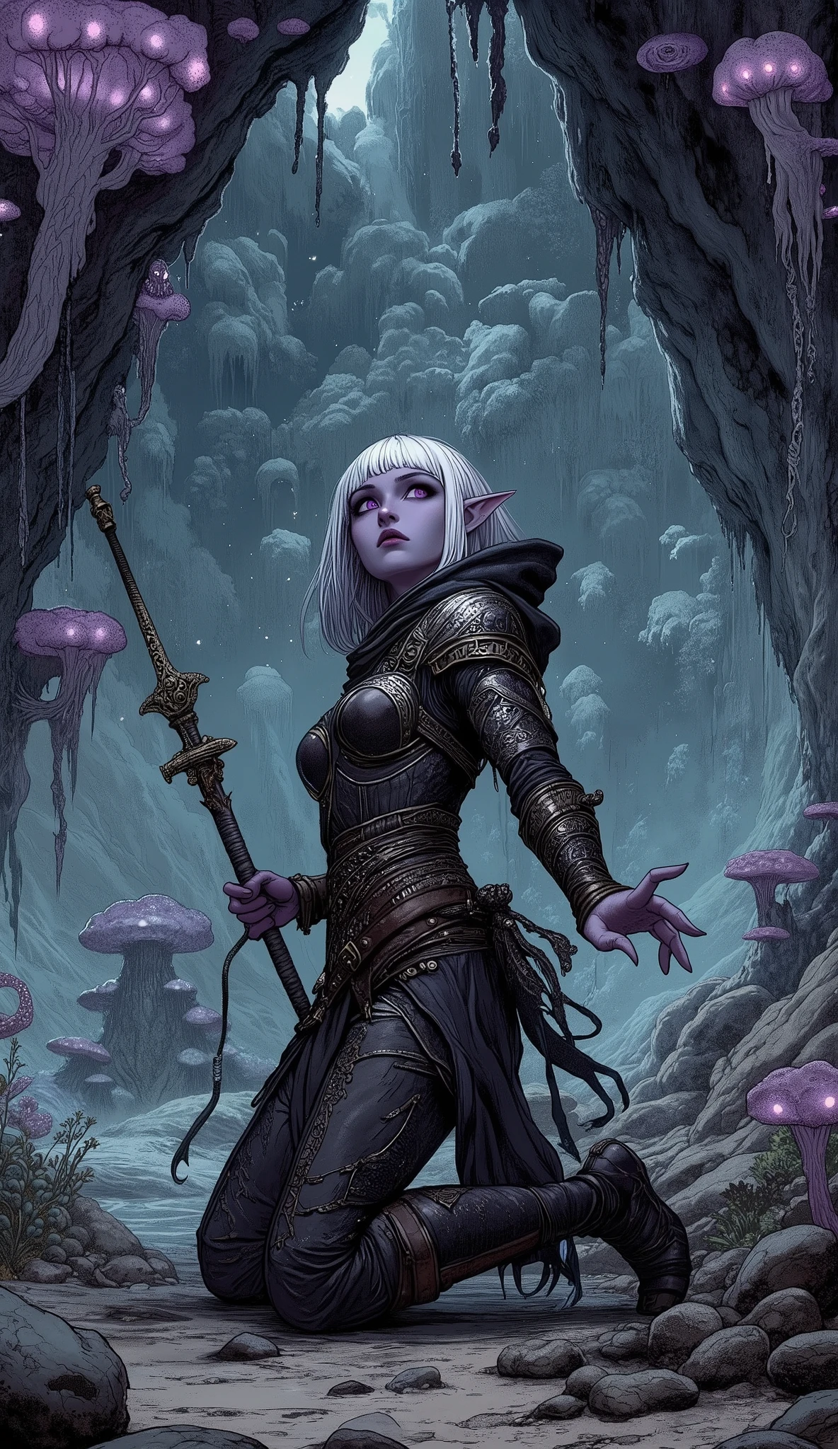 (A fusion of Ukiyo-e and dark fantasy. Aesthetic and gothic digital art. Draw a detailed face. Look away.) BREAK
(White hair. Blunt bangs. White eyebrows. Long white eyelashes. Almond-shaped eyes. Lavender eyes. Dark, thick eyeliner. Small pink lips. Slightly pointy ears. Dark purple skin. Thin limbs. Thin fingers. White fingernails. One thumb and four fingers accurately drawn. very expressive.) BREAK
(A full-body shot of a dark elf female rogue, seen from behind, in a low, stealthy crouch, deep within a lightless, sprawling underground cavern. Her gaze is directed sharply upwards towards the unseen, impossibly high ceiling, illuminated only by the faint, eerie luminescence of strange, phosphorescent fungi clinging to the stalactites. She wears practical, dark leather armor interwoven with intricate, silver embroidery reminiscent of medieval Portuguese filigree. Her hood is drawn low, partially obscuring the subtle glow of her eyes. Around her waist, a wide belt of dark, tanned leather is adorned with small, polished brass buckles and a few pouches containing essential tools. A slender, curved dagger with a hilt wrapped in dark, woven fabric is sheathed at her hip. The air is thick with dampness, and the rough, uneven cave floor is littered with small, jagged rocks and patches of the glowing fungi.)