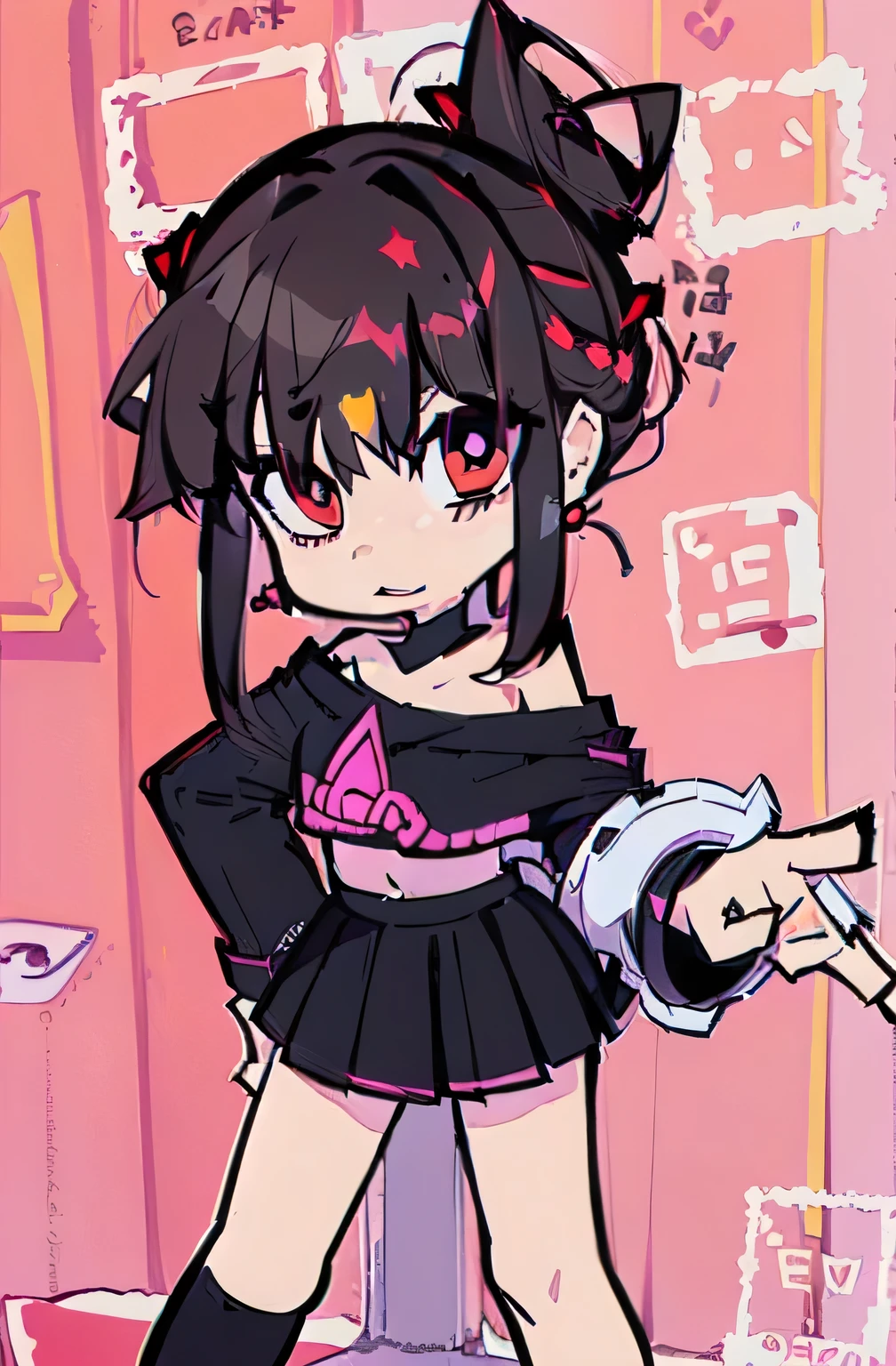 (girl1 ,triangular face,Red Eyes),(black hair, high bun hairstyle),(purple off-the-shoulder t-shirt,short skirt),standing,cheerful white wallpaper,logo ,8K wallpapers, Maximum Quality, high resolution, beautiful lighting, detailed shadow,high resolution،highly detailed, detailed faces and eyes ,realistic eyes