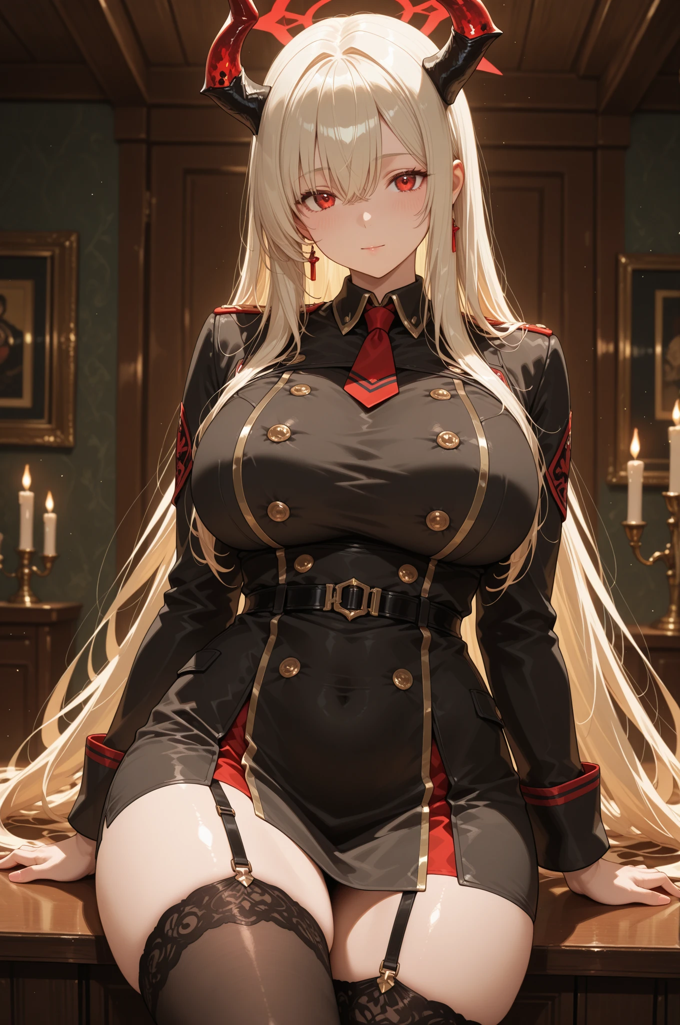 (Masterpiece, side-lighting, fine detailed beautiful eyes: 1.2), luscious skin,((Solo)),(Scarlet eyes),Hanging eye corners,(highdetailskin),(perfect bodies),A beautyful girl,little breast,((A suit jacket uniform that covers the chest)),(Satin collar),(Short gloves are as short as half the palm of your hand),lacepantyhose,high-waist pants