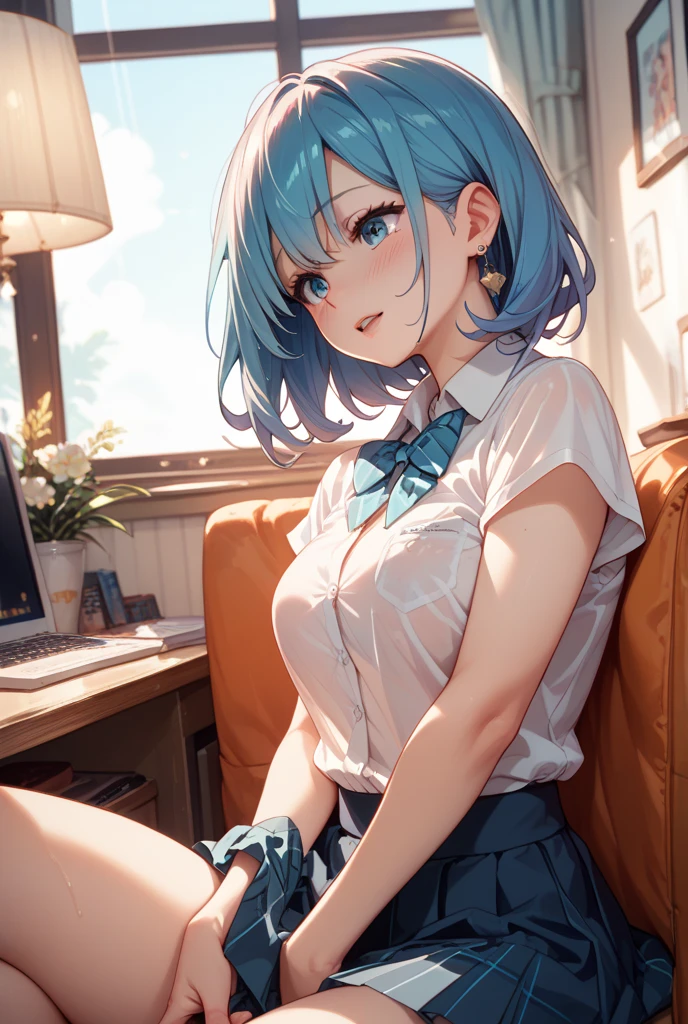 1girl, solo, full body, office room, blue hair, long hair, small side ponytails, large breasts, button down shirt, ((white shirt)), ((short sleeved shirt)), ((unbuttoned shirt)), popping buttons, unbuttoning buttons, brown eyes, dark skirt, grin, looking at the viewer, sitting in chair, hair ribbon, golden necklate