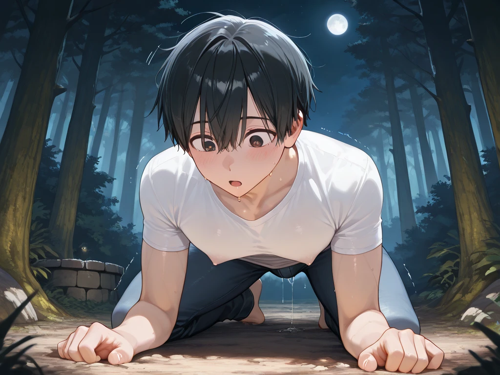 ((1 boy)), on all fours in the forest, clothes hanging loosely from his smaller frame,((Covered nipples)), white t-shirt falling forward, blue jeans sagging around widened hips, ((short black hair)), ((well-aligned brown eyes)), body now mostly feminine with medium-sized breasts, narrow waist, and fuller thighs, arms and legs trembling slightly, fingers spread across the forest floor, back slightly arched, looking down at his changing body with a frightened and shocked expression, mouth open in disbelief, eyebrows raised and tense, wide eyes staring at himself, posture unstable and low to the ground, ((dense forest at night)), moon in the sky, soft moonlight casting natural shadows, thick trees in the background, light mist drifting across the scene