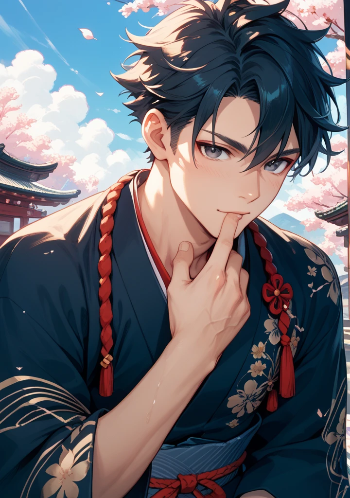A boy, naughty man, adolescent, black hair, eyes black, posing, Wearing a kimono with black cargo pants, with messy hair