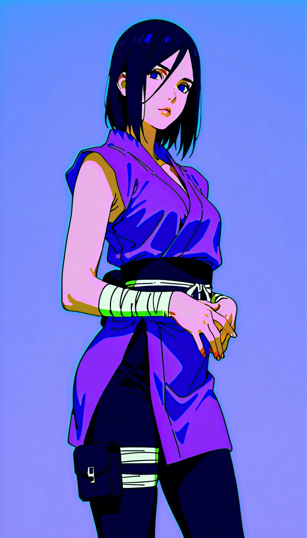 (((IZUMI NASE)))) walking confidently through a war field. The art style should closely match that of Naruto or similar shounen anime, with clean linework and soft shading. ((Solo)), traditional kimono with layered leg accessories (bandages, thigh pouch, dark ninja stockings), black pants kunoichi, Her expression is calm but determined. dutch angle, centered, clean background, ((perfect lips)), delicate, feminine, sweet, melancholic, perfect hands, lilac colors

