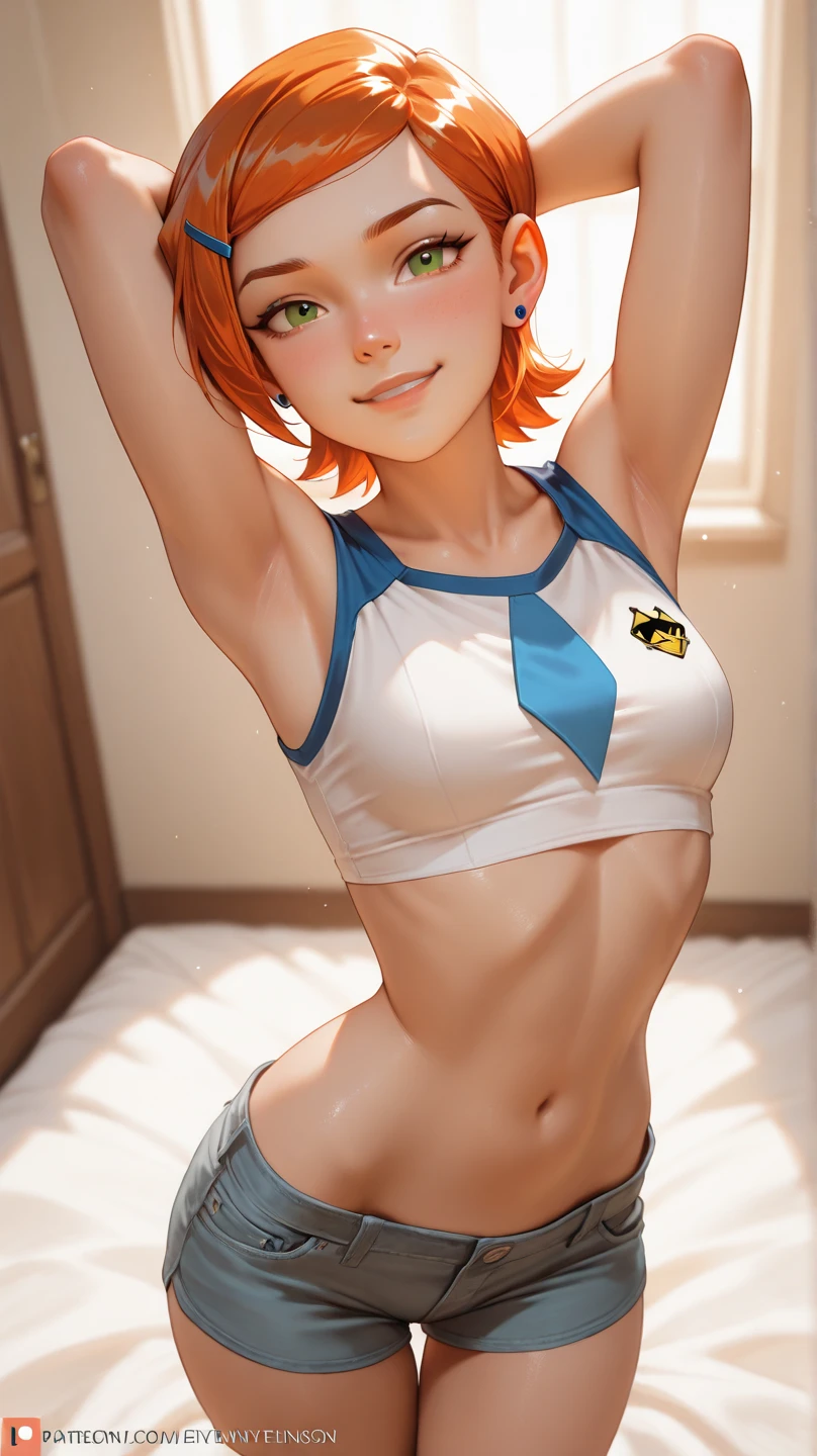 (masterpiece, best quality:1.2), <lora:noraValkyrieRWBY_v10:0.7>, <lora:japaneseUnderwearSarashi_v10:1>, straight-on, solo, 1girl, nora valkyrie, smile, short orange hair, blue eyes, sarashi, fundoshi, pink fingerless gloves