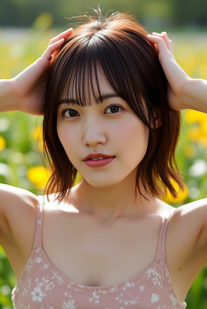 ((Exposing breasts 1.6))),(((Exposing breasts 1.6))),(((Exposing breasts 1.6))),masterpiece, Highest quality, 8k, Absurd, Beautiful medium long bob hair,Woman in her late 20s, That shy expression is cute, (Sensual Style),((Seven episodes were filmed...............1.4)), (Nude 1.5), No makeup, The near road and the far road, Written boundary depth, Surreal, High resolution, photograph, Sharp focus, Face lamp, Dynamic Lighting, highest detailed, ,Extreme detaileds、Super detaileded、detailed、Real Skin、elegant features、Positive and optimistic、(The background is a colorful flower field)
