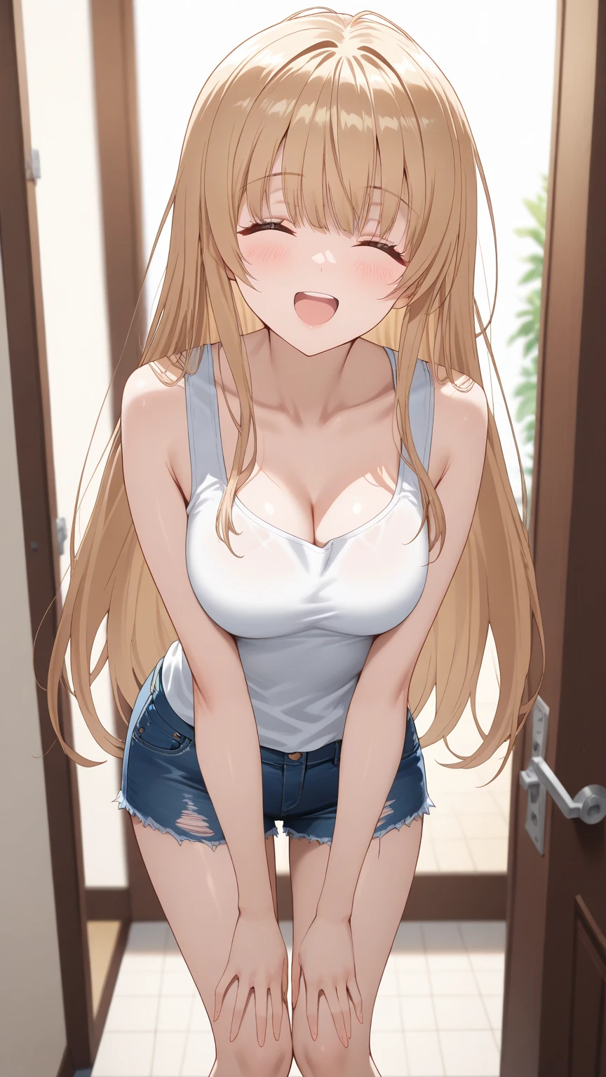 ((masterpiece,Highest quality;1.3,best illustration)),cowboy shot,1woman、25 year old beauty、独奏,((very small head:1.5)),brown hair,(straight hair),long hair,bangs,brown eyes,gorgeous eyes,blush,small breasts,((very long body:1.4)),((toned body,slender body:1.3,skinny:1.3)),gleaming skin,shiny skin,oily skin,sweat,(White tight T-shirt、denim micro shorts)、on street,Tokyo,
