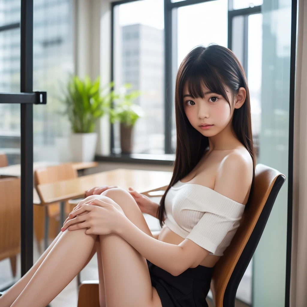1 girl in、((17 year old))、(fullnude)、(Troubled face staring at camera)、(Sitting on a chair with legs spread)、(((Very small)))、(((Accurate representation of the genitals)))、Streets of Tokyo、full body Esbian、a closeup、in 8K、Raw photography、top-quality、​masterpiece、realisitic、Photorealsitic
