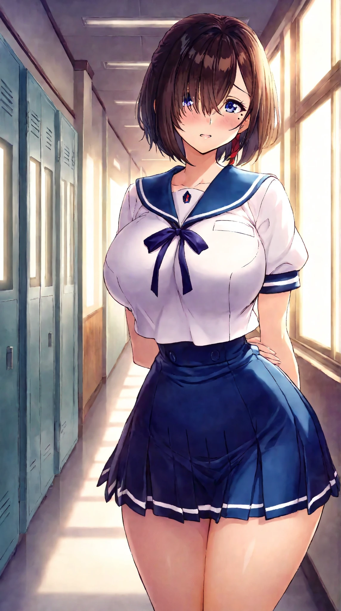 Main piece、high quality、High resolution、1 girl,single, Ruka Sarashina、jewelry、skirt、Maid uniform with exposed breasts、Japan maid café、black hairの女性、short hair、black hair、black pantyhose, blue eyes, long sleeve, Blue Hair Band, bangs, big breasts, cleavage, Medium waist, medium hips, wide thighs, Cowboy photos, smile, attractive, embarrassing, blush、large crowd of people, looking at the viewer,from below、Low - Angle,とてもbig breasts、cleavage、No bra、No panties、No panties、非常に短いskirt、nipple、nippleを出す、nippleからミルクが吹き出す、nippleからミルクが滴る