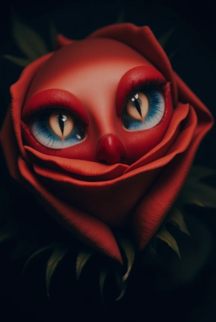 A pair of feline eyes staring put from a rose, rose with feline eyes, glowing eyes, rose with eyes, dark, mysterious