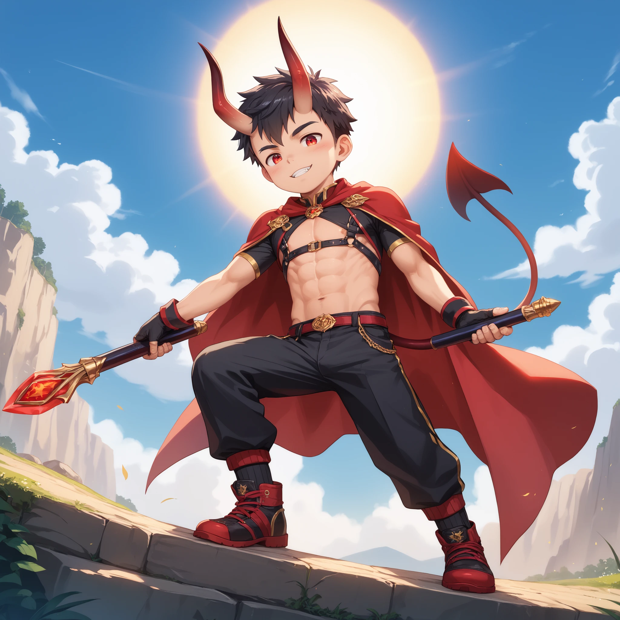 7 year old boy,long hair in bun,traditional mongolian outfit, loincloth, holding a halberd, armored,mongolia desert camp,masterpiece,cinematic lighting,vibrant colors
