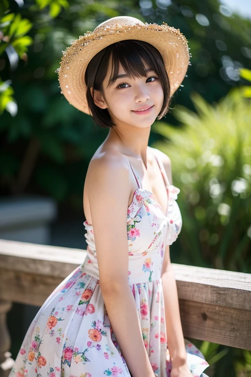 (Best-quality, Masterpiece, Ultra-High-Resolution, (Photorealistic:1.4), Raw Photo, depth of field, professional lighting, perfect anatomy, extremely details), 1girl, 15-years-old, the most famous Japanese idol, wearing tropical-colored summer-dress with cute-design, (extremely cute face, ((extremely cute and extremely big realistic-eyes)), extremely realistic black-hair), ((extremely realistic skins):1.3), looking at viewer, innocent smile