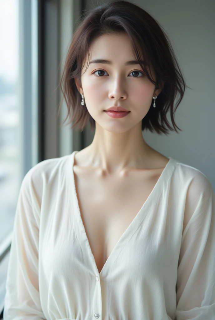 32K image quality、Raw photography、top-quality、​masterpiece:1.2)、Ultra-detail、The most beautiful woman in her 40s in the Japan、Obscene big breasts、Ultra transparent and beautiful skin、Obscene super、Body shape like a gravure idol、Bell-shaped chest of drawers、slightly drooping chest、hyperdetailed face(double eyelid)、Cinematic Perfect Lighting、Knitted Sleeveless Dresses、Very short short-cut hair、K Cup Breasts、Beautiful breasts、Obscene armpits、Armpits are stuffy and emit a smell