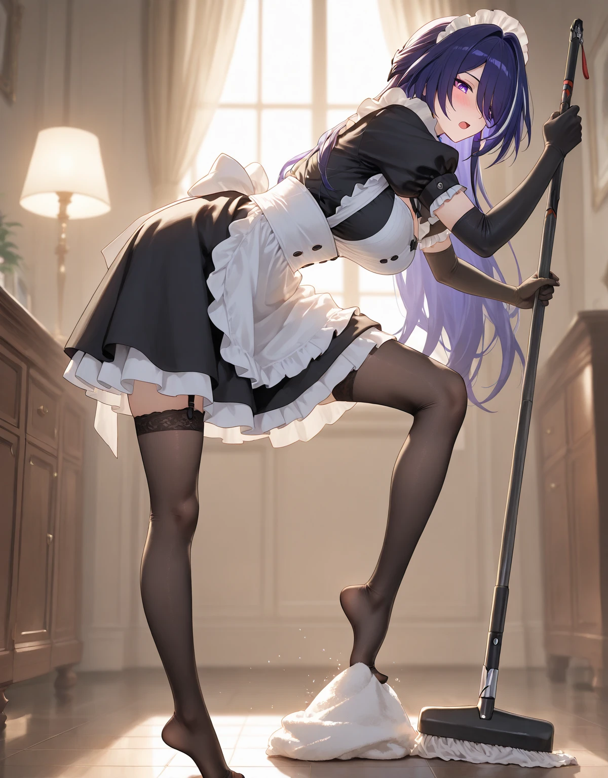 （The hand is blocked by the body，unseen，Invisible hands），Lie on the ground，Climbing on the ground，Crawling on the ground，Wearing black stockings，Watching from behind，with his back to the viewer，Butt to the audience，Wear transparent thongs，Thong panties are open，Thong can be seen，Beautiful butt，45 degrees backward，（extremaly detailed cg），8K level quality，The is very detailed，（A high resolution），（very detail eyes，Very detailed hair） long whitr hair, (Purple hair:1.2)，Purple eyes，pupils in symbol shapes，star-shaped bule pupils，Smile，ssmile， Blush，Stick out your tongue，pop star(Hyper-realistic), (illustratio), (A high resolution), (8K), (extremely higly detailed), (Most Best Illustration), (美丽细致的眼睛), (best qualtiy), (ultra - detailed), (tmasterpiece), ( the wallpaper), (详细的脸), 独奏， 1 rapariga, White wavy hair, korean people, heterochromatic eyes, small mole under eyes, the maid outfit, Bigchest, Long legs, Tightens abs，(Camel toes)，(blackstockings)，(pantyless) --auto