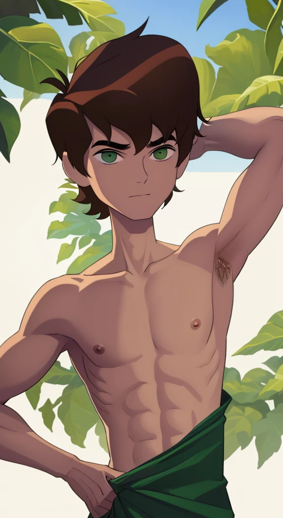 Highres, Masterpiece, Best quality at best,Best Quality,hight quality, hight detailed, 1boy, bentennyson, green eyes, 14-year-old, slim body, (showing armpit:1.3), (shirtless, topless, bare chest), without cloth, seen from the side, upper body,  the day