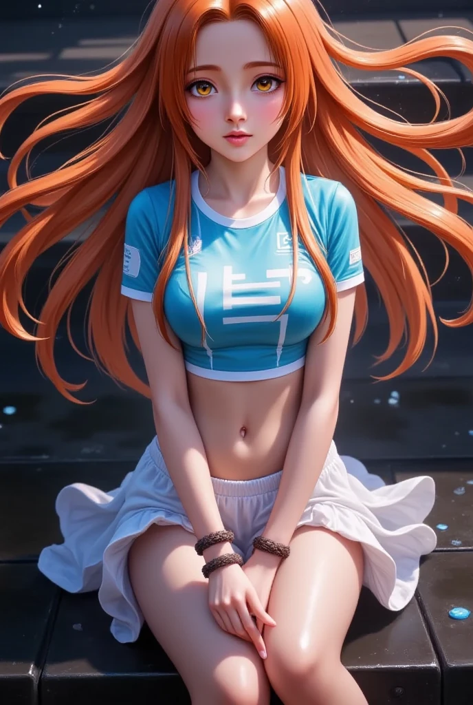(((Pure white wall background、oil、masterpiece、Highest quality、High resolution)))、(((orange long hair)))、orange long hair、Naughty look、(((White and purple gingham plaid tank top)))、(((Black hot pants)))、Frame In、Woman's face、Hot Face、A happy look、Sweaty skin、squat、Side Ponytail、Scrunchie