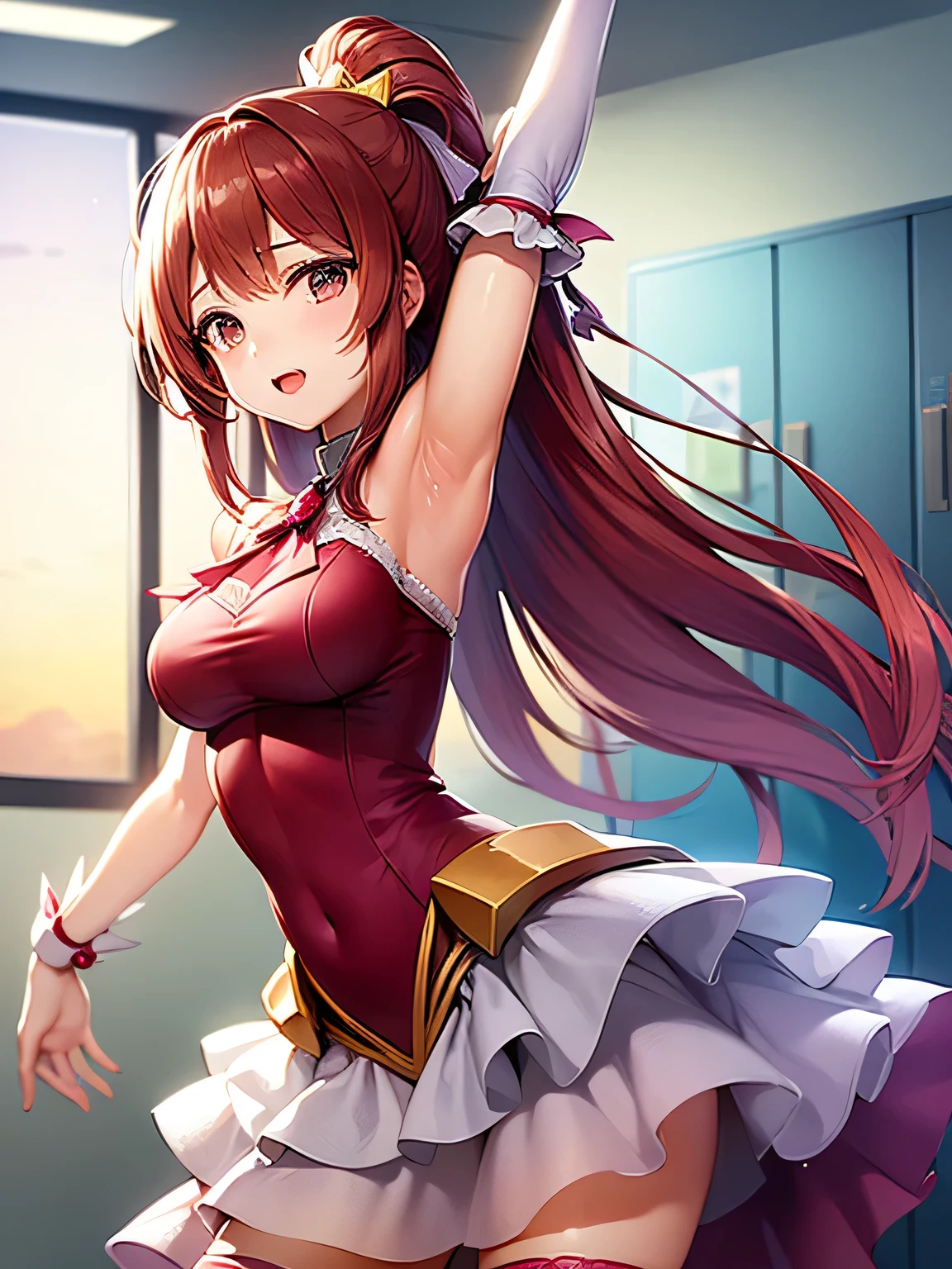(1girl, ultra realistic, beautiful face, detailed face, raw, best quality, ultra high res, masterpiece, photo realistic:1.4), CG, red bras, purple sexy panties, lace trim, sexy pose, crew socks, (stride), (faded long wavy scarlet hair:1.3), (round breast, small perfect breasts:1.2), looking at viewer, Looking from above, tilting the head upwards, wide-angle, (gold necklace, earrings, bracelet, armlet:1.2), japanese background, (red eyes, glowing eyes:1.2), detailed photograph, Side lighting, dslr, telephoto lens, cinematic lighting, Phase One XF IQ4 150MP, Zoom lens, Neon Light, Canon eos 5d mark 4, 35mm, Disgusting, Lens Flare, Canon RF, L USM, Direct light, Kodak portra 400, F/2. 8, broad lighting, Fujifilm XT3, F/14, dynamic pose, dynamic angles, ( thigh-high stockings, seductive face, wearing glasses, tongue sticking out, eyes wide, plunging neckline, cleavage:1.2), (red pencil skirt, white women's buttoned shirt, open buttoned shirt, arms raised, catwalk, showing one's undergarments, hip sway, skirt up, full body shot, office lady:1.6), perfect slim body, (Showing bras beneath a women's buttoned shirt, perfectly beautiful legs, two hands behind the head:1.8)