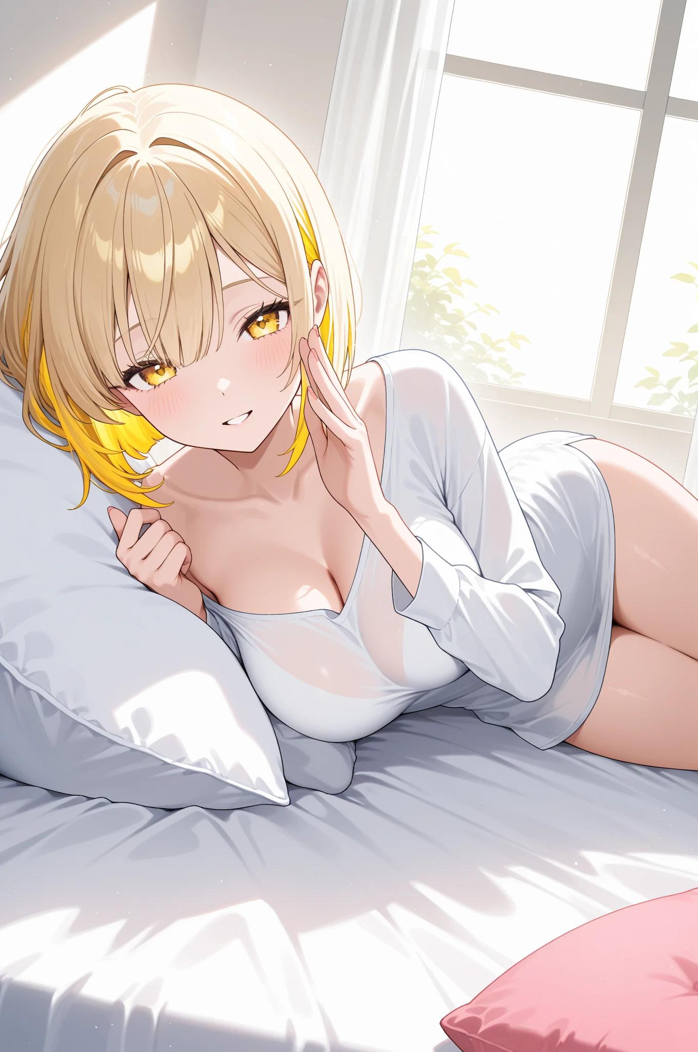 score_9, score_8_up, score_7_up, 1girl, solo, indoors, bedroom, tomboy, shy, blush, gyaru, standing, choker, looking to the side, big breasts, wide hips, medium long hair, (blush), tall, lying in bed, blanket pulled up, view from side, shy smile, lazing around on a bed, on top of a bed, wearing modest payamas, (5fingers), clothed, tomboy hair, payama pants,