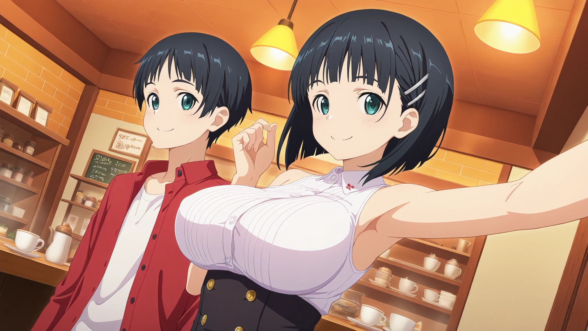 one-girl,Bare shoulders,Green_Sportswear,Sleeveless,鎖骨,black_Shorts, black_Hair,Blue eyes,pony tails,bangs,Long hair, 1 girl, 20yr old,younger female,Beautiful Finger,Beautiful long legs,Beautiful body,Beautiful nose,Beautiful character design, Perfect eyes, Perfect face,Expressive eyes,Perfect balance, view the viewer,(Focus on her face),Closed mouth, (Innocent_Swallowing_Eyes:1.0),(Light_Smile:0.3), offcial art,Extremely detailed CG unifies 8K, 8K, Diamond, and Wallpaper, Perfect lighting,Colorful, Bright_Front_face_lighting,White skin, (Masterpiece:1.0),(Best_quality:1.0), 超A high resolution,4K,Ultra-detailed, Photography, 8K, hdr, (Wearing maid costumes,Long black stockings),A high resolution, absurderes:1.2, Kodak Portra 400, filmgrain, The background is blurred out, Bokeh:1.2, Lens flare, (vibrant_Color:1.2),profesional photo, (Beautiful,Large_Breasts:1.4), (Beautiful_face:1.5),(Narrow_waistup),(Bigboobs,Be red in the face,Blushlush,perspire,full of sweat,Enchanting expression,The chest is exposed,very uncomfortable expression),