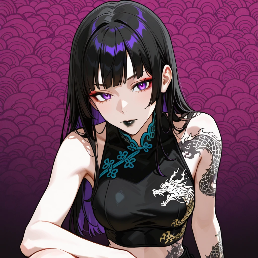 Young guy, long black hair, high ponytail, purple eyes, cat ears, shinobi shape, pants, open belly, smile, masterpiece, high quality