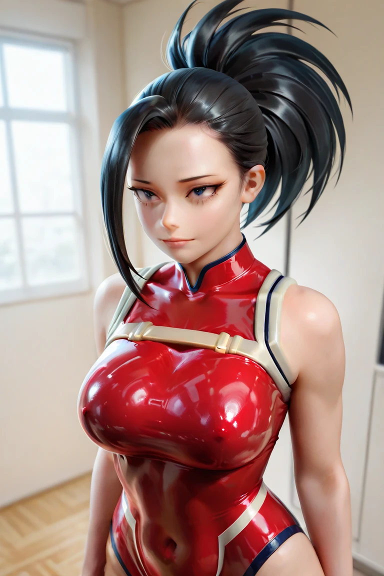 (masterpiece, best quality, ultra detailed, absurdres)1.5, 1girl, (sexy, beautiful woman, perfect face, perfect eyes, perfect female body, huge breasts)1.5, (yaoyorozu momo, red leotard, cleavage, belt, long hair, black hair, high ponytail, <lora:yaoyorozu_momo-10:0.7>), (sitting, indoors, Japanese restaurant, tables, food on tables), perfect lighting, smooth, hdr