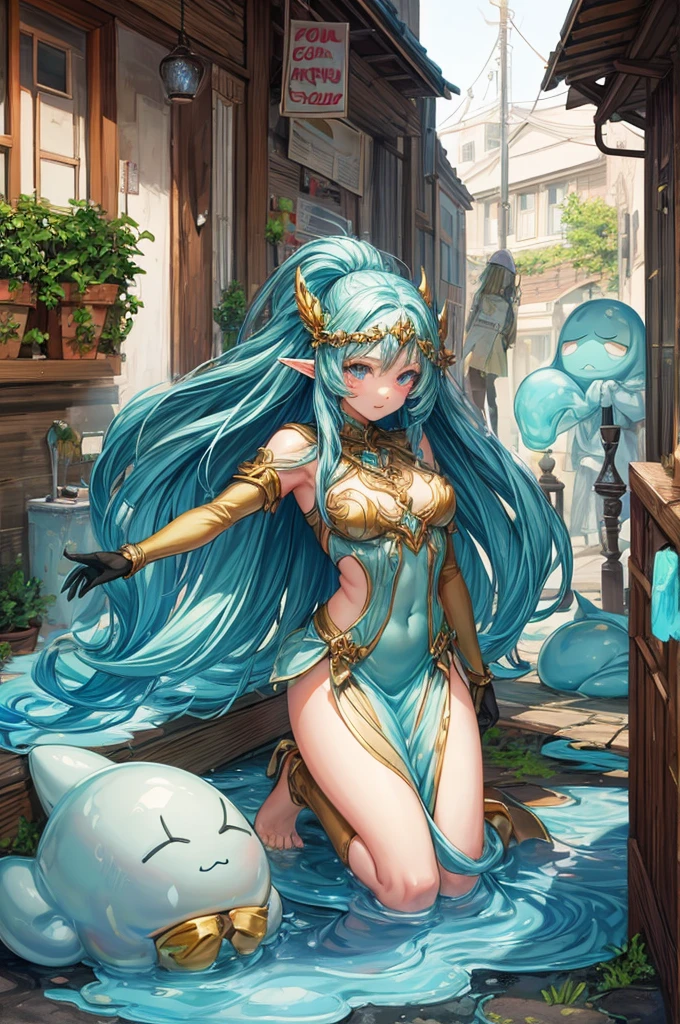 An elf girl, cryo power, cryo vision, cold face, sexy clothes, genshin impact character design, fantasy world