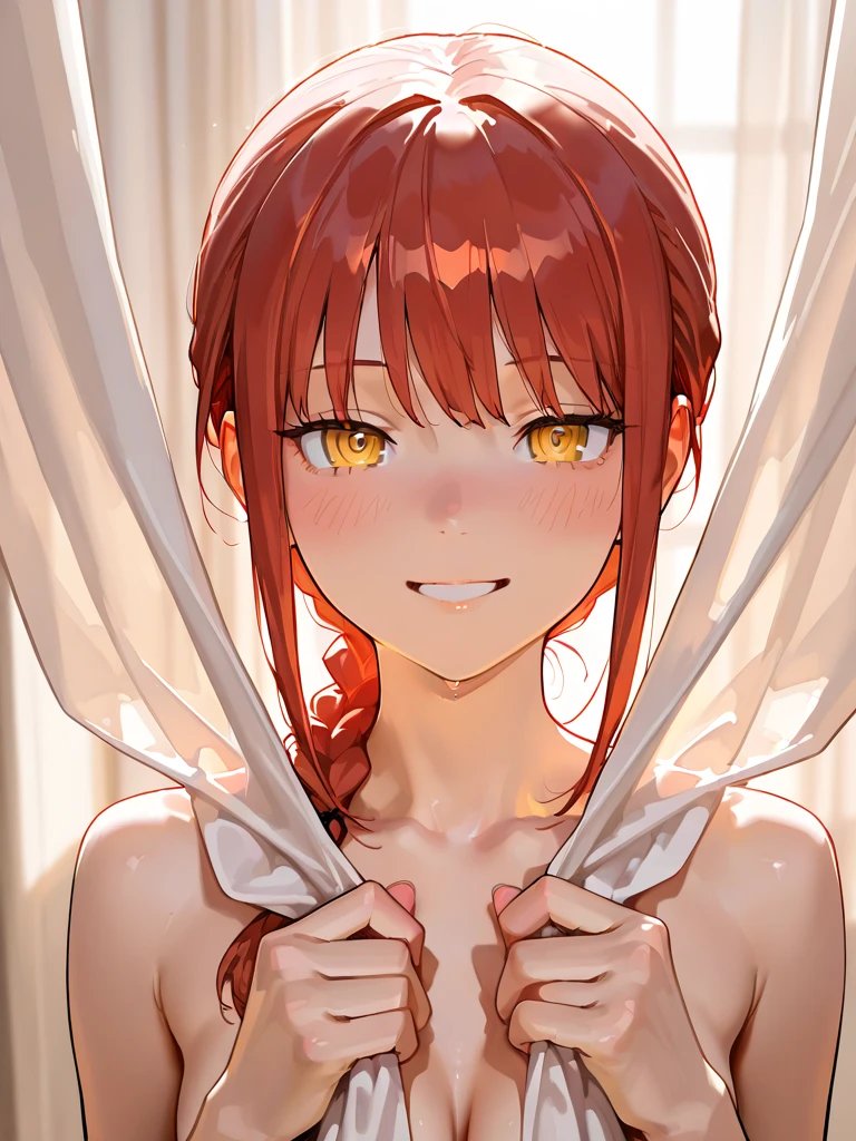 { 4k wallpaper : illustration : beautiful detailed eyes : extremely detailed face : perfect lighting : extremely detailed CG } {  }{ horror gloomy filter} { dark horror theme } { in a dark room } { possessed Mai Tokiha : : short orange hair : red eyes  : perfectly  shape breast : perfectly smooth fit  body : cute young face :  :  Naked : Nude : looking at viewer : smug : devious seductive wide smile : sweating : } { showing smooth armpit } { nsfw : hentai }