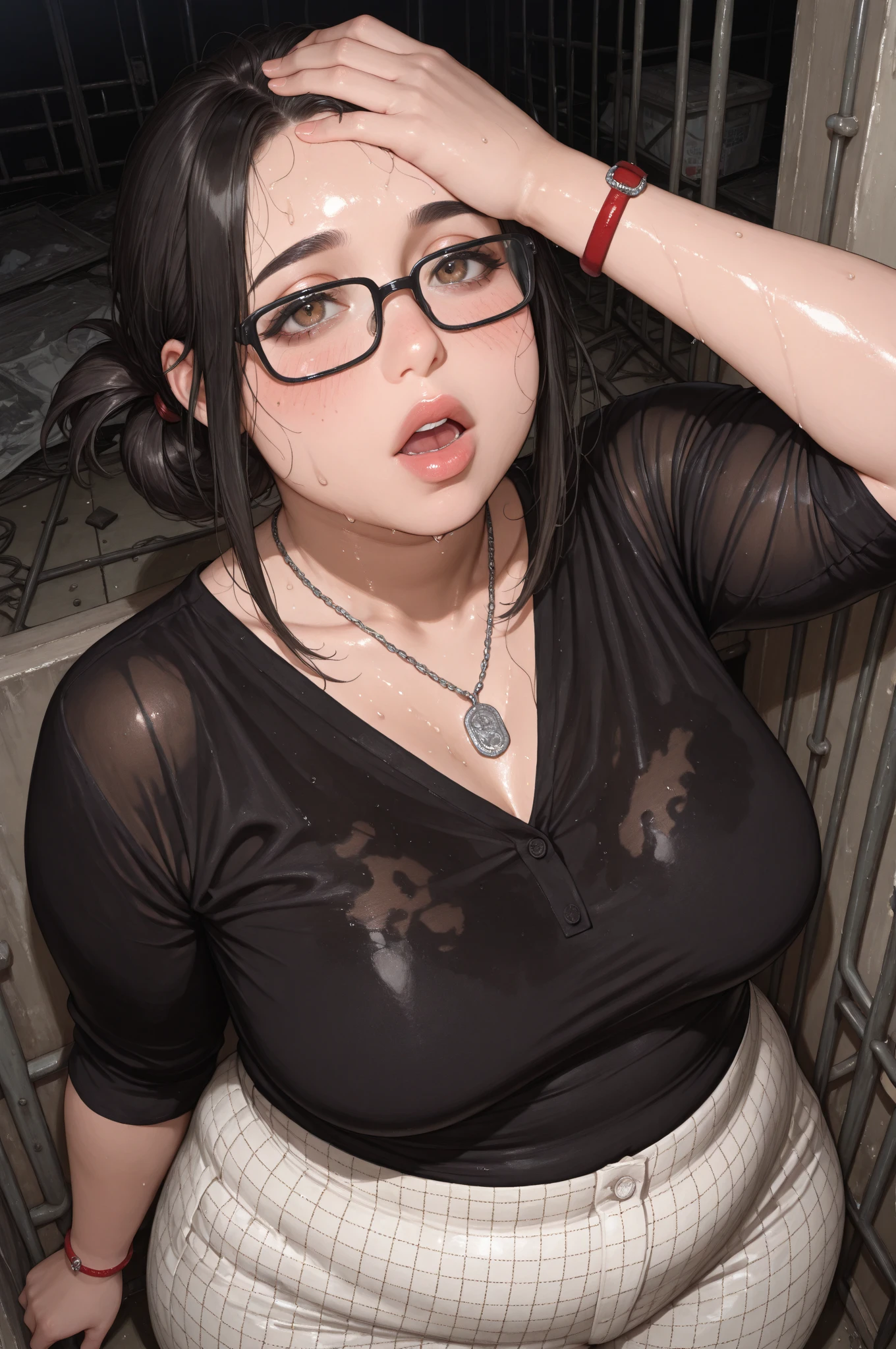 Close up shot of a sultry, stunning woman with a captivating gaze and flawless makeup, childhood best friend glowing up, accentuated by her black tank top and black short shorts, showcasing her alluring figure with thick thighs and wide hips, exuding a provocative aura.bondage (Shibari,hands tied behind back:1.5), (Shibari:1.21),Tied up, legs tied, ballgag drooling ((( Orgasm expression )))(((In the classroom many students )))(((Wear glasses )))(((black ballgag ))