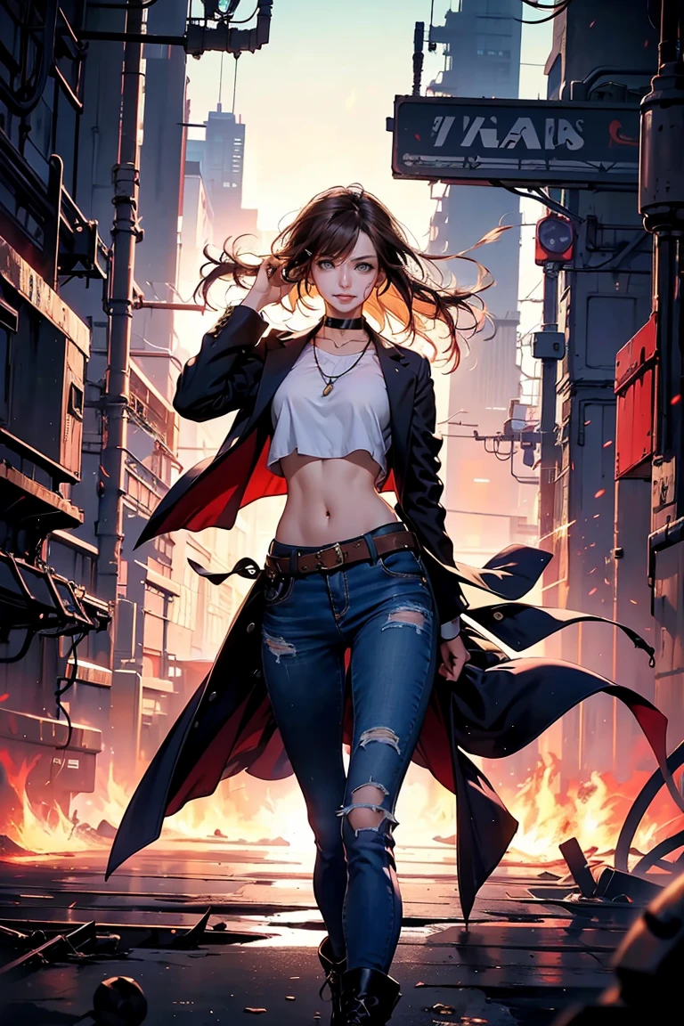 Eimi Fukada,huge tit,superhero pose,standing in a ruined city at sunset,ultra - detailed,smog,spark of light,rays of sunshine,(8k),realisticlying,对称,awardwinning,Cinematic lightning,soaking wet,cinematic ligh, 75mm,Scratches,Full body photo,closeup cleavage,torn outfit,A detailed face,
