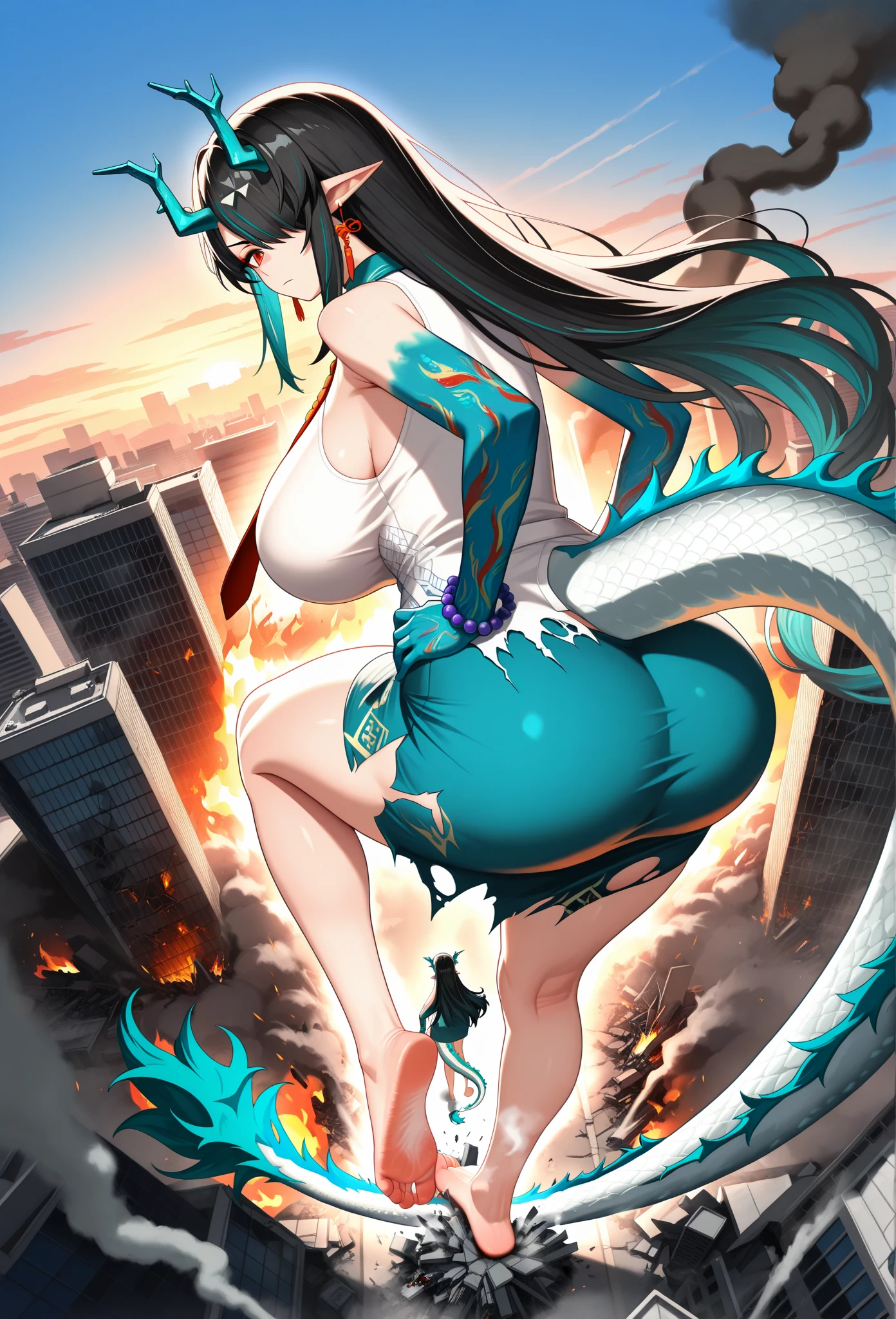 Generate an aerial view image depicting a scene of utter devastation as an immensely colossal and breathtakingly beautiful giant mermaid queen lies sprawled across a bustling metropolis, using her entire body to crush and dominate the city beneath her. The giant mermaid queen, towering over the city like a mythical deity, exudes an aura of absolute power and control as she imposes her will upon the metropolis. Her massive mermaid form stretches across the heart of the city, causing skyscrapers to crumble and collapse under her immense weight. The city below her is thrown into chaos, with buildings destroyed, streets torn apart, and fires raging out of control. Emphasize the sheer power and size of her body as she lies sprawled across the city, focusing on the widespread destruction caused by her entire body pressing down on the buildings. Include details such as the flickering flames illuminating the devastation, vehicles and debris scattered in all directions, and terrified people fleeing for their lives. Highlight her serene yet fierce expression, emphasizing her stunning beauty as she gazes upon the destruction with satisfaction. Additionally, depict buildings that are still standing in front of her chest, emphasizing their comparative smallness and vulnerability as they face her enormous form. Ensure that her size is overwhelmingly large, with her body stretching out so far that it seems to extend beyond the horizon, her presence dwarfing everything in the city. Show the city being completely overpowered and subjugated by her immense form, with the sense that she has total control over the metropolis. Please generate the image in a realistic style.