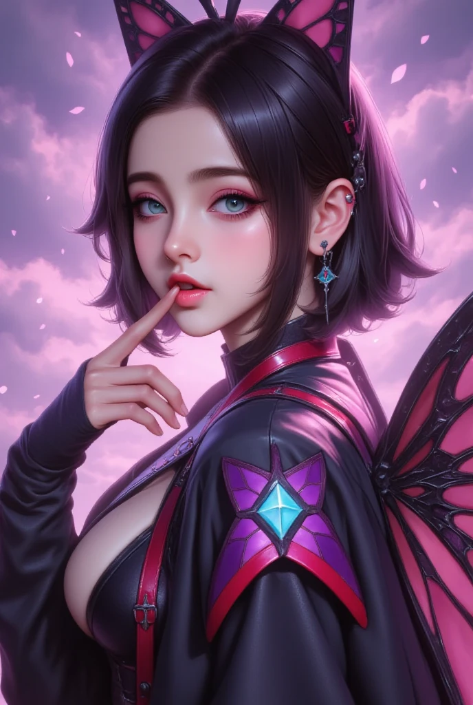shinobu, Kimetsu no Yaiba manga, 1 girl, smile gently, play with butterflies, dynamic angle shot, ultra detailed, ((hyper realistic)), glittering, moon light, RAW photo, full shot, wide shot, sexy, big breasts