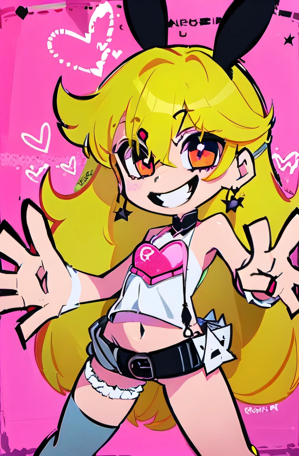 (Alone:1.2), 1girl\(cute, cute,(Wicked Smile), (With arms outstretched:1.4), Red Short jacket \(Blonde:1.2),(long hair:1.1),(Bun Head:1.5), red eyes, (Beautiful eyes drawn in detail:1.4),Spiral pupil, (Big Eyes),(chest:1.4),(White skin:1.3), (Punk Fashion:1.6), (Tight tube top),(Ripped jeans with a big belt),(The stomach is visible:0.8),(Abdominal muscles:0.8),(Studded gloves:1.4), (goggles:1.4), (Bunny ears:1.6),(Bunny ears:1.6), (bang:1.2)\), break Lots of heart marks:1.3, heart marks:1.3, background\(heart marks:1.3, Lots of colorful heart symbols:1.3\), (Cowboy Shot), Pop Art, Vibrant colors, (Graffiti art:0.5), 8k wallpaper