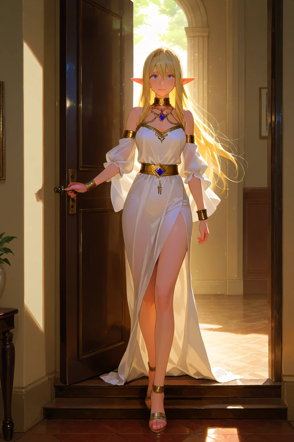 NSFW , pornographique, (((corps parfait))),20's, la jeune reine elfe se marie, bride girl, bride dress, wedding, textured breasts, puffy lips, pink lipstick, thick lips, ((blond golden hair)), long blond hair, pink eyes, mascara, seins moyen, robe verte style fantasy, Fitted and revealing green dress accentuating her loose chest, circlet, joaillerie, boucle d'oreilles classe, Necklace of precious stones, Regard aimant, superbe face, vie nocturne, immense palais fantastique, Fantasy city in the background