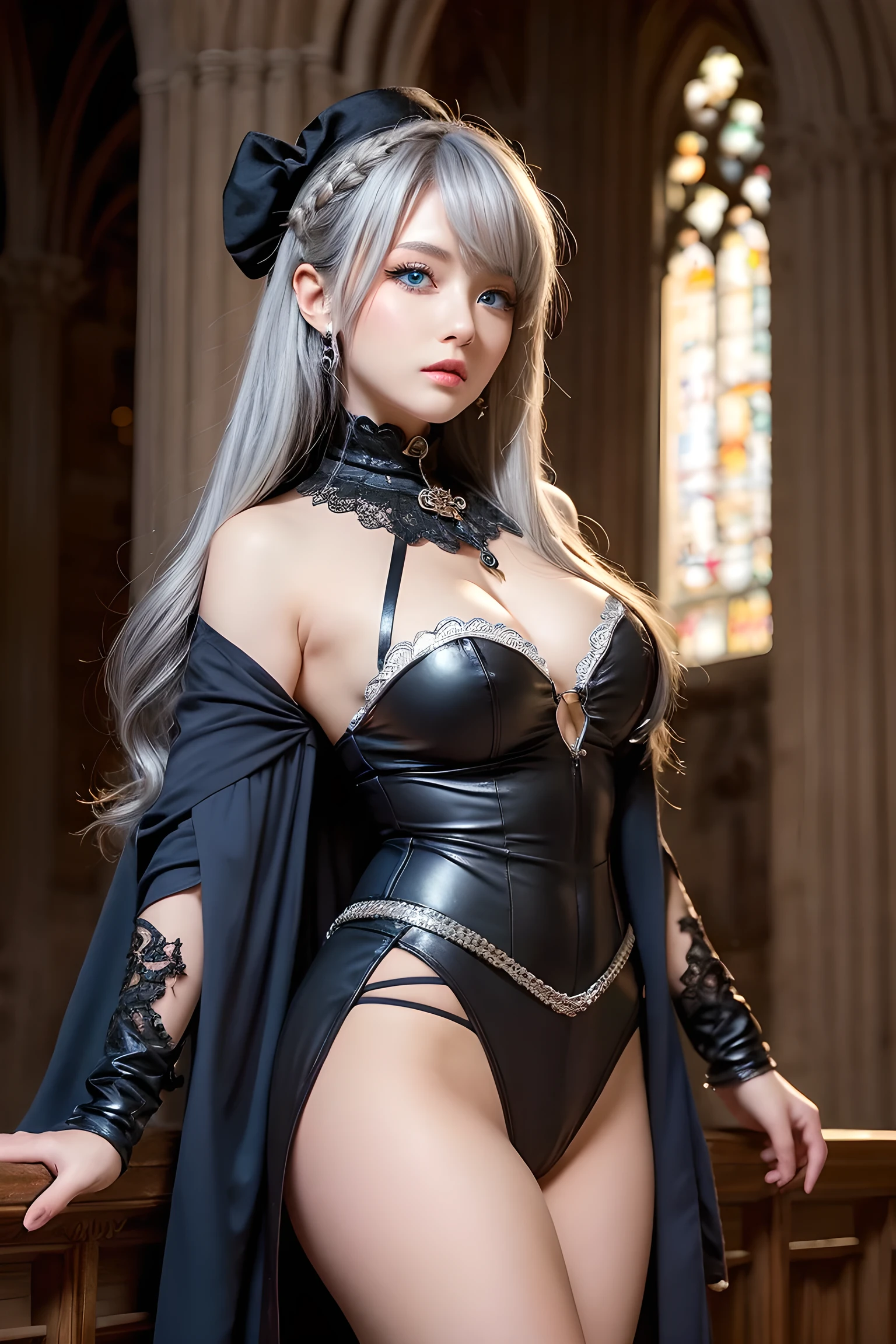 King Arthur female version with long white hair and a black dress with low neckline on the breasts