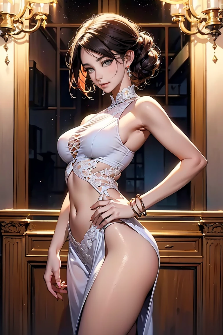 (Adult woman), wavy hair,alone, masterpiece,huge breast, looking at viewer, detail eyes, (detail face:1.2), standing, (front view), (Sideless Cross-Laced China Dress), (half body shot:1.5), looking at viewer, (cleavage), white dress, smile, perfect breast, (armpits poses:1.2), indoors, night