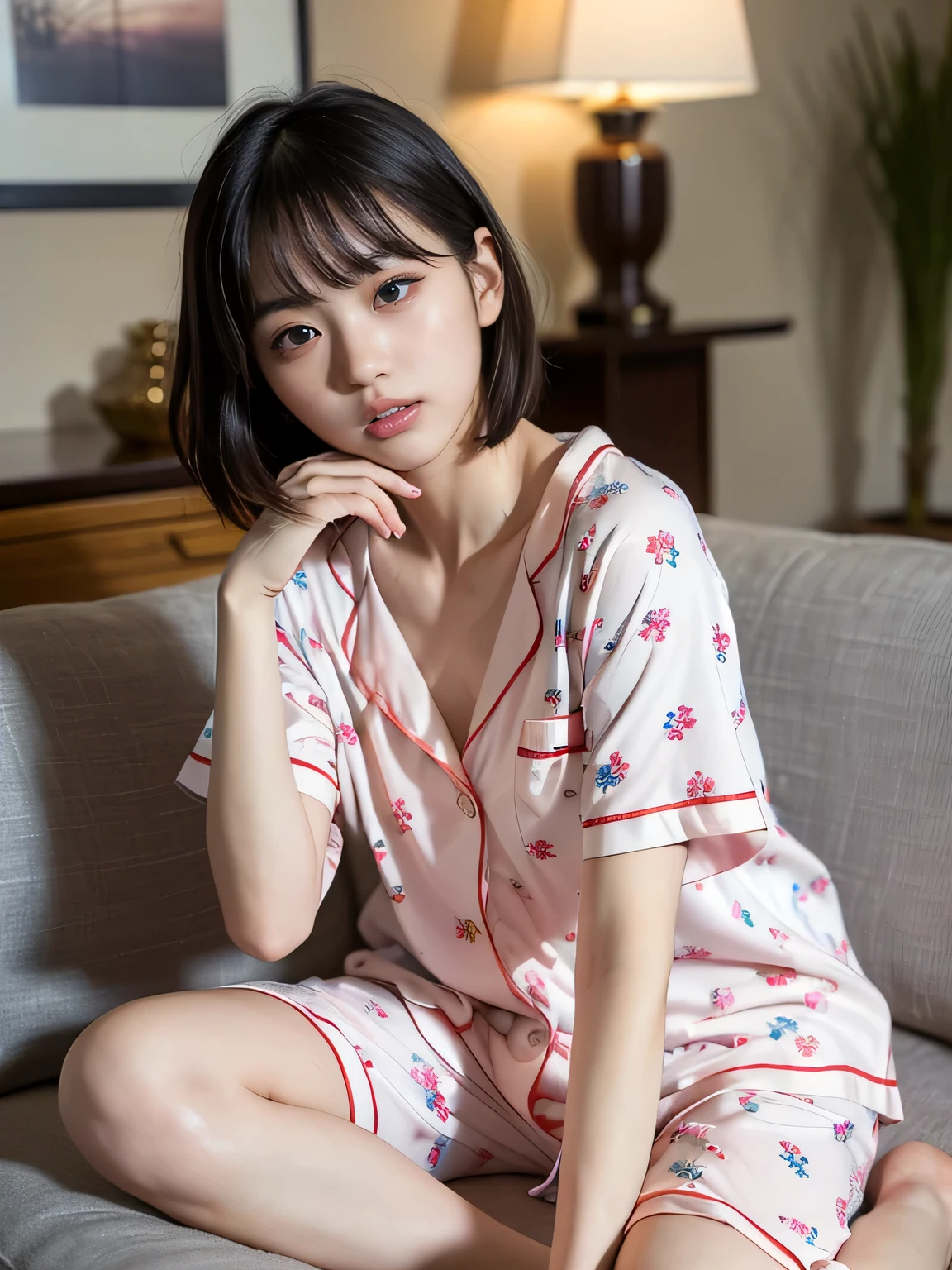 cute 21 year old japanese、super detailed face、Attention to detail、double eyelid、Beautiful thin nose、Sharp focus:1.2、Beauty:1.4、(bright茶髪、short cut hair、white skin、highest quality、bright、masterpiece、ultra high resolution、(realism:1.4)、Bedroom、night、on the bed、Cute Pajamas、best smile、