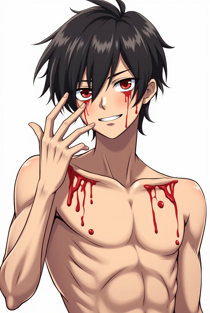 masterpiece, best quality, high quality, 1boy, solo, male focus, looking at viewer, upper body, kabane_kusaka, red eye, red hair, slim body, short body, (shirtless, topless, bare chest), (armpit,  show his armpit), the night, sleep, bed room